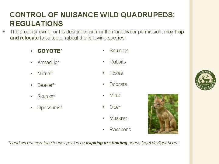 CONTROL OF NUISANCE WILD QUADRUPEDS: REGULATIONS • The property owner or his designee, with