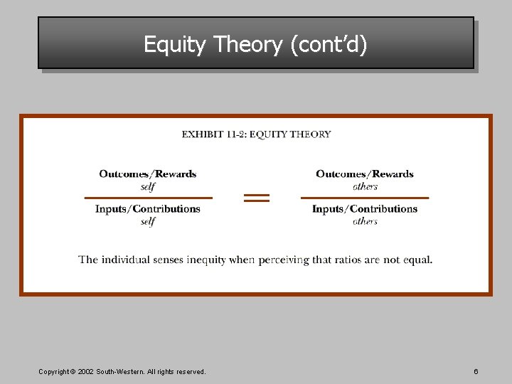 Equity Theory (cont’d) Copyright © 2002 South-Western. All rights reserved. 6 