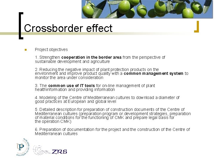 Crossborder effect Project objectives 1. Strengthen cooperation in the border area from the perspective