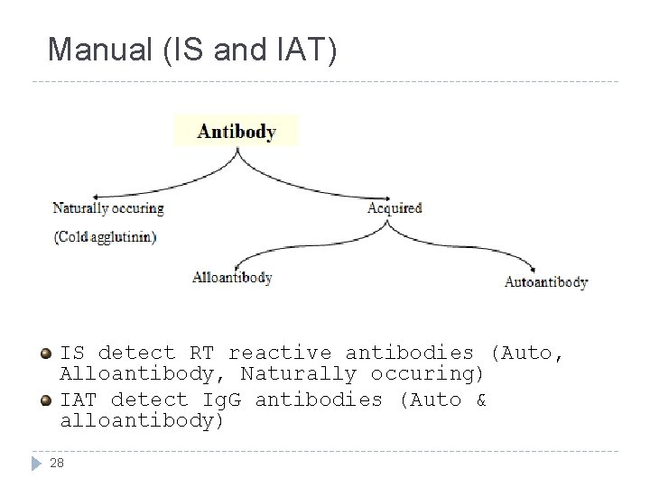 Manual (IS and IAT) IS detect RT reactive antibodies (Auto, Alloantibody, Naturally occuring) IAT