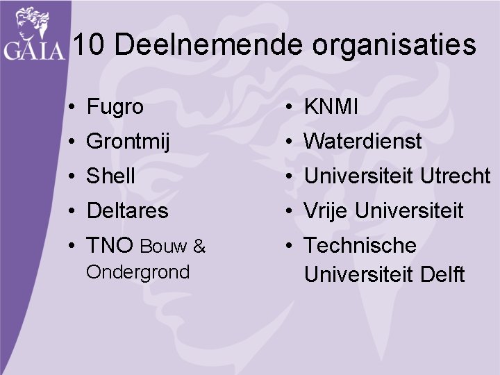 10 Deelnemende organisaties • Fugro • KNMI • Grontmij • Waterdienst • Shell •