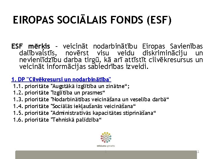 EIROPAS SOCIĀLAIS FONDS (ESF) ESF mērķis – veicināt nodarbinātību Eiropas Savienības dalībvalstīs, novērst visu