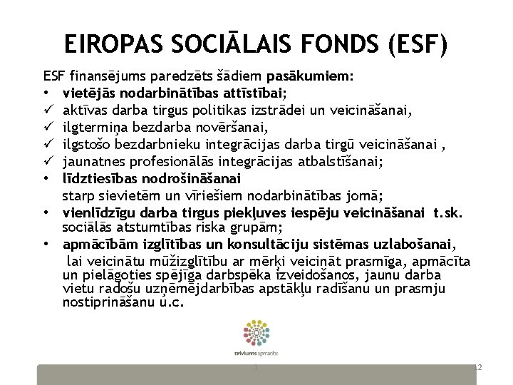 EIROPAS SOCIĀLAIS FONDS (ESF) ESF finansējums paredzēts šādiem pasākumiem: • vietējās nodarbinātības attīstībai; ü