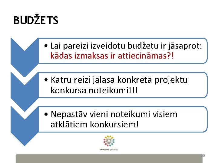 BUDŽETS • Lai pareizi izveidotu budžetu ir jāsaprot: kādas izmaksas ir attiecināmas? ! •