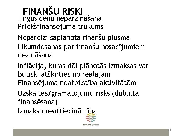 FINANŠU RISKI Tirgus cenu nepārzināšana Priekšfinansējuma trūkums Nepareizi saplānota finanšu plūsma Likumdošanas par finanšu