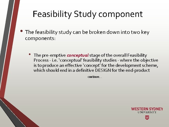 Feasibility Study component • The feasibility study can be broken down into two key