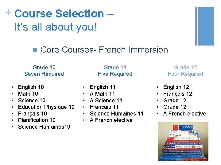 + Course Selection – It’s all about you! n Core Courses- French Immersion Grade