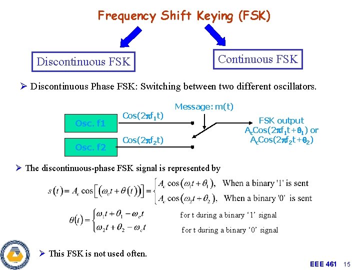 Frequency Shift Keying (FSK) Discontinuous FSK Continuous FSK Ø Discontinuous Phase FSK: Switching between
