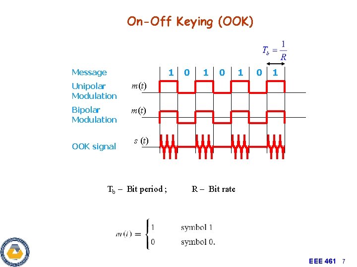 On-Off Keying (OOK) 1 Message Unipolar Modulation m(t) Bipolar Modulation m(t) OOK signal 0
