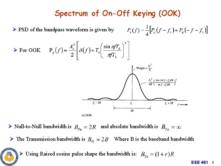 Spectrum of On-Off Keying (OOK) Ø PSD of the bandpass waveform is given by