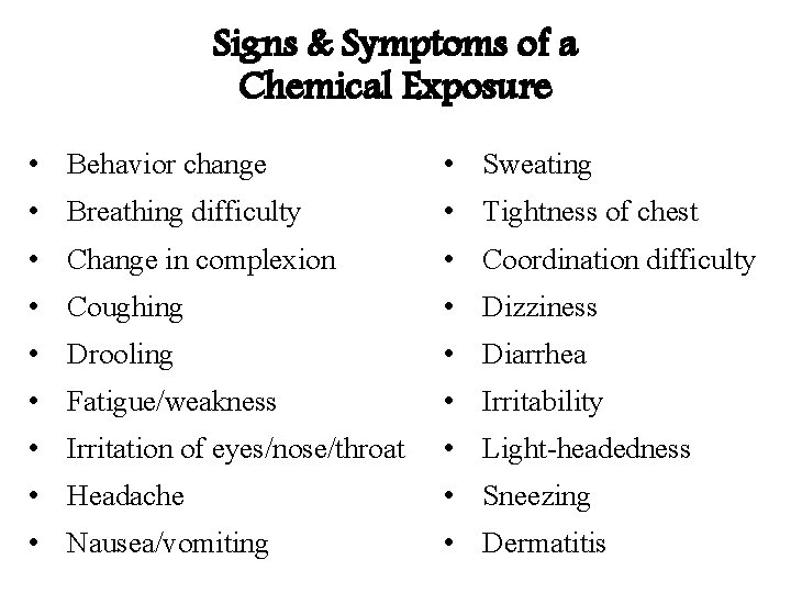 Signs & Symptoms of a Chemical Exposure • Behavior change • Sweating • Breathing Signs & Symptoms of a Chemical Exposure • Behavior change • Sweating • Breathing