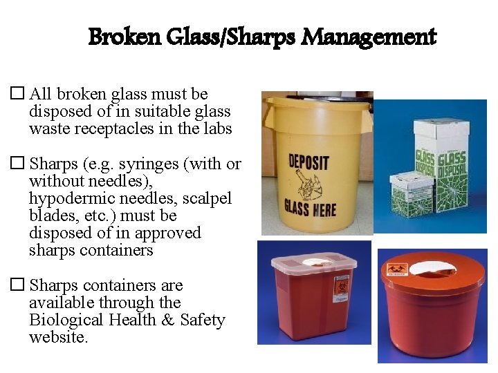 Broken Glass/Sharps Management � All broken glass must be disposed of in suitable glass Broken Glass/Sharps Management � All broken glass must be disposed of in suitable glass