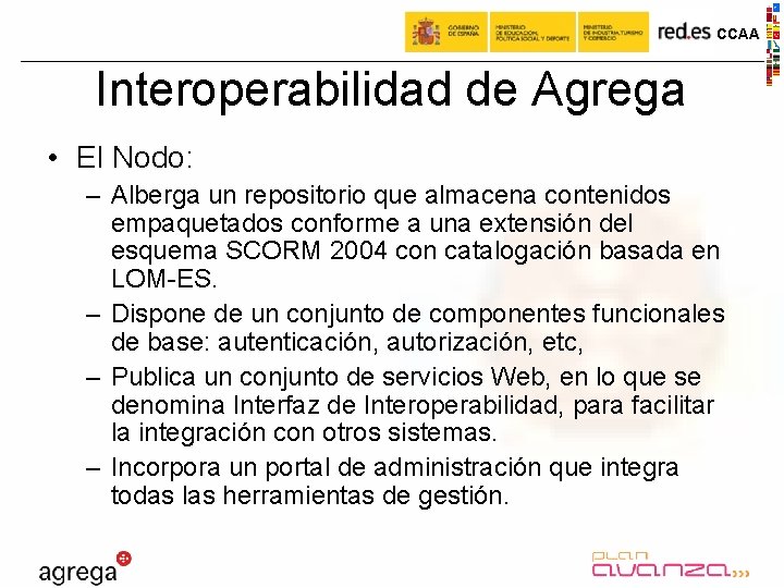 CCAA Interoperabilidad de Agrega • El Nodo: – Alberga un repositorio que almacena contenidos