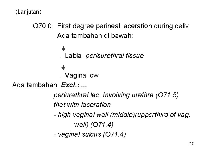 (Lanjutan) O 70. 0 First degree perineal laceration during deliv. Ada tambahan di bawah: (Lanjutan) O 70. 0 First degree perineal laceration during deliv. Ada tambahan di bawah: