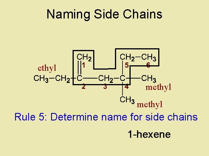 Naming Side Chains ethyl methyl Rule 5: Determine name for side chains 1 -hexene