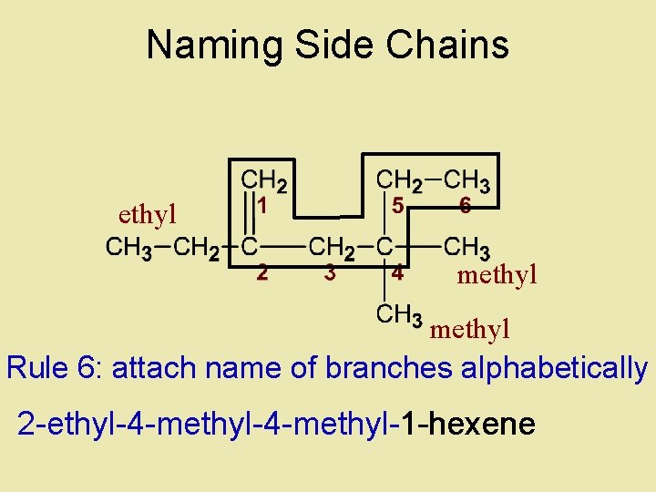 Naming Side Chains ethyl methyl Rule 6: attach name of branches alphabetically 2 -ethyl-4