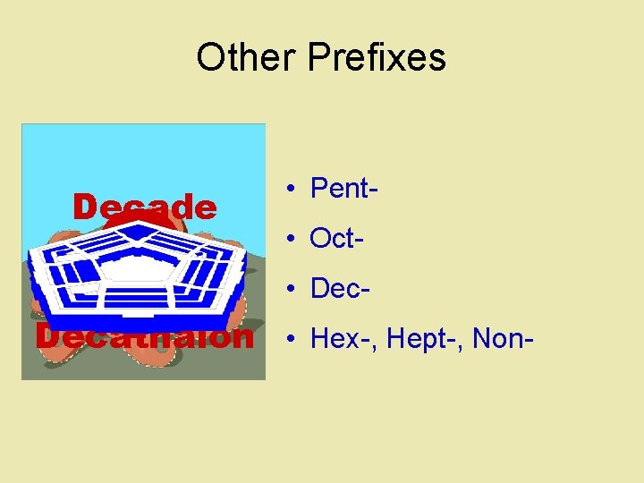 Other Prefixes ? Decade Decimal • Pent • Oct • Dec- Decathalon • Hex-,