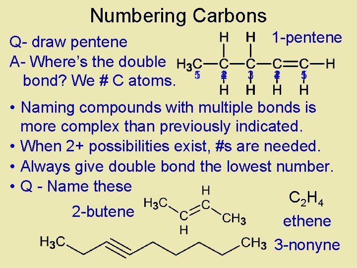 Numbering Carbons Q- draw pentene A- Where’s the double bond? We # C atoms.