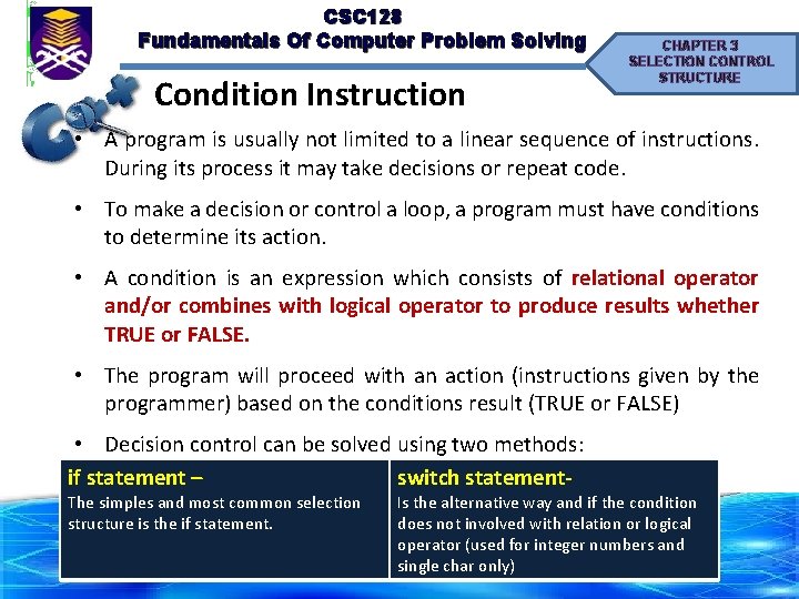 CSC 128 Fundamentals Of Computer Problem Solving Condition Instruction CHAPTER 3 SELECTION CONTROL STRUCTURE