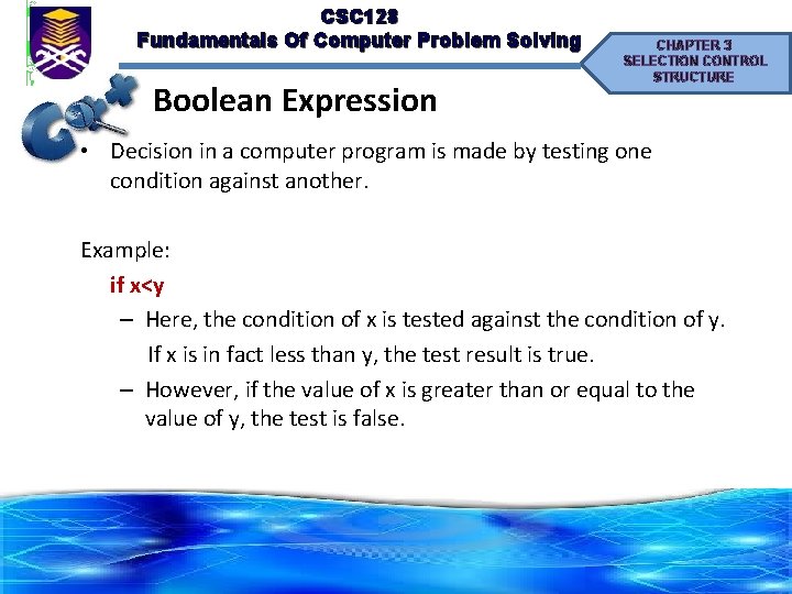 CSC 128 Fundamentals Of Computer Problem Solving Boolean Expression CHAPTER 3 SELECTION CONTROL STRUCTURE