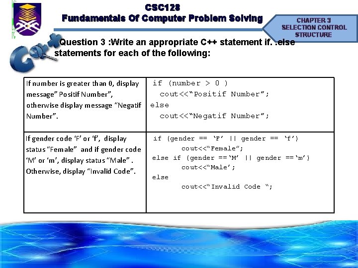 CSC 128 Fundamentals Of Computer Problem Solving CHAPTER 3 SELECTION CONTROL STRUCTURE Question 3