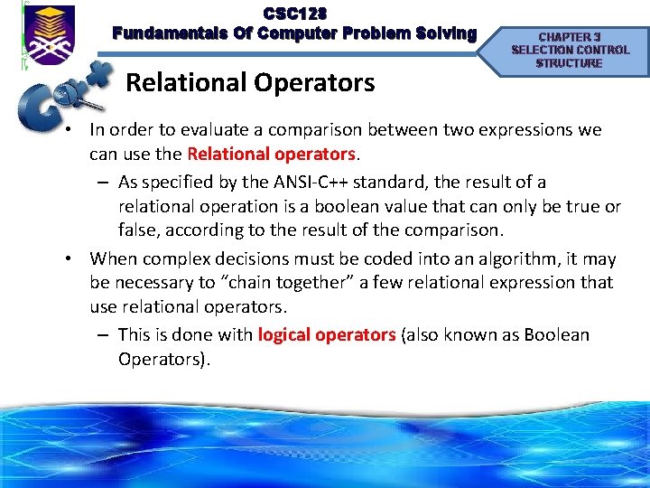 CSC 128 Fundamentals Of Computer Problem Solving Relational Operators CHAPTER 3 SELECTION CONTROL STRUCTURE