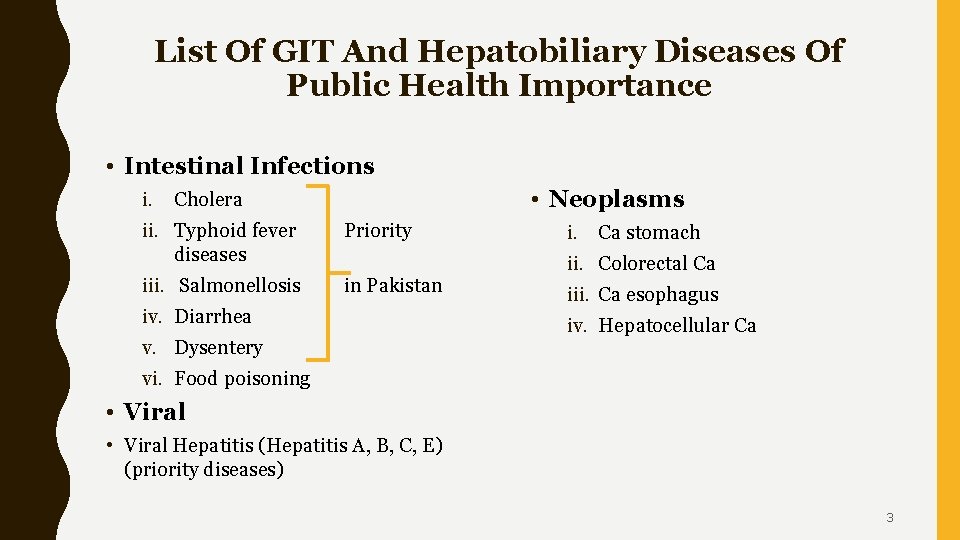 List Of GIT And Hepatobiliary Diseases Of Public Health Importance • Intestinal Infections i.