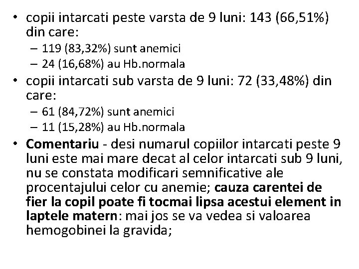  • copii intarcati peste varsta de 9 luni: 143 (66, 51%) din care: