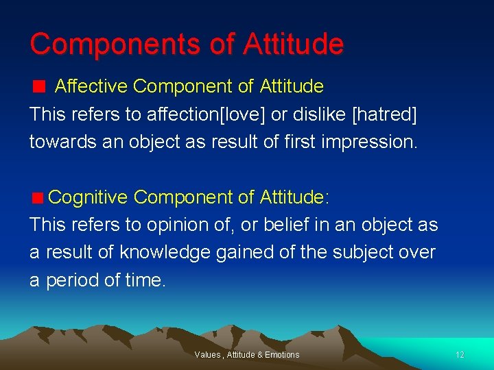 Components of Attitude Affective Component of Attitude This refers to affection[love] or dislike [hatred]