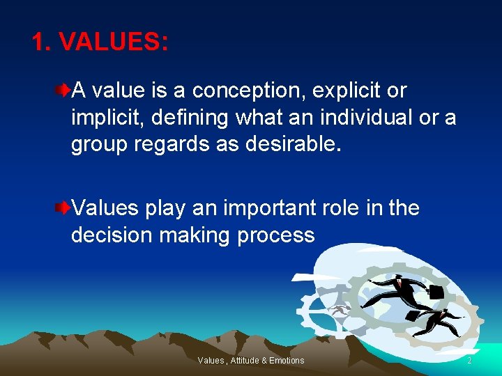 1. VALUES: A value is a conception, explicit or implicit, defining what an individual