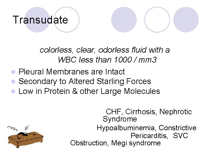 Transudate colorless, clear, odorless fluid with a WBC less than 1000 / mm 3