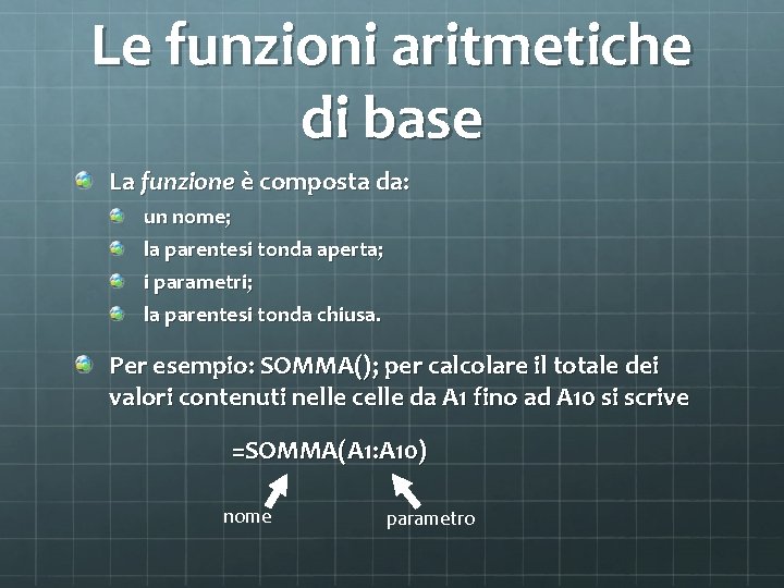 Le funzioni aritmetiche di base La funzione è composta da: un nome; la parentesi