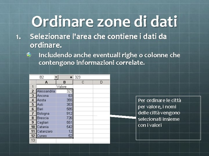 1. Ordinare zone di dati Selezionare l'area che contiene i dati da ordinare. Includendo