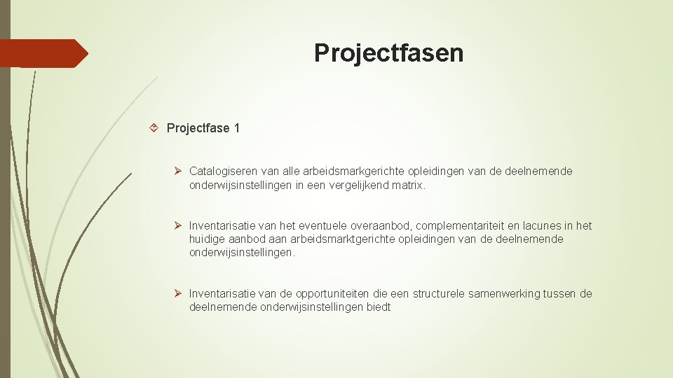 Projectfasen Projectfase 1 Ø Catalogiseren van alle arbeidsmarkgerichte opleidingen van de deelnemende onderwijsinstellingen in