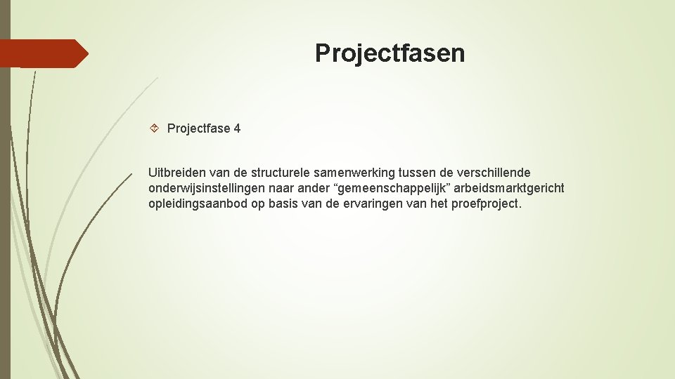 Projectfasen Projectfase 4 Uitbreiden van de structurele samenwerking tussen de verschillende onderwijsinstellingen naar ander