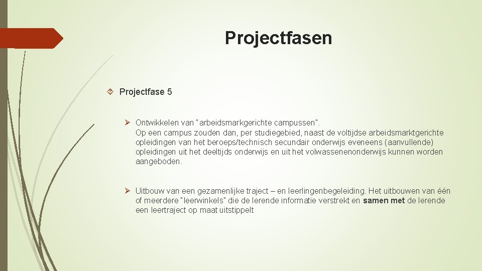 Projectfasen Projectfase 5 Ø Ontwikkelen van “arbeidsmarkgerichte campussen”. Op een campus zouden dan, per
