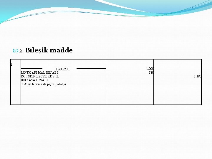  2. Bileşik madde 1 17/07/2011 153 TİCARİ MAL HESABI 191 İNDİRİLECEK KDV H.