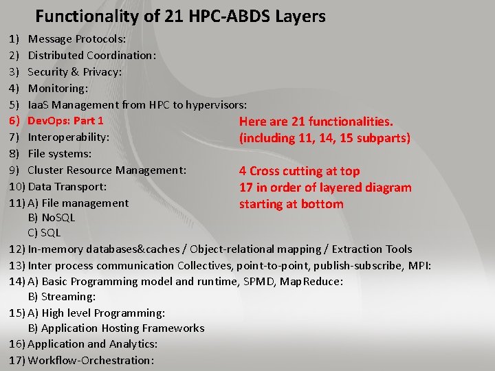 Functionality of 21 HPC-ABDS Layers 1) Message Protocols: 2) Distributed Coordination: 3) Security &