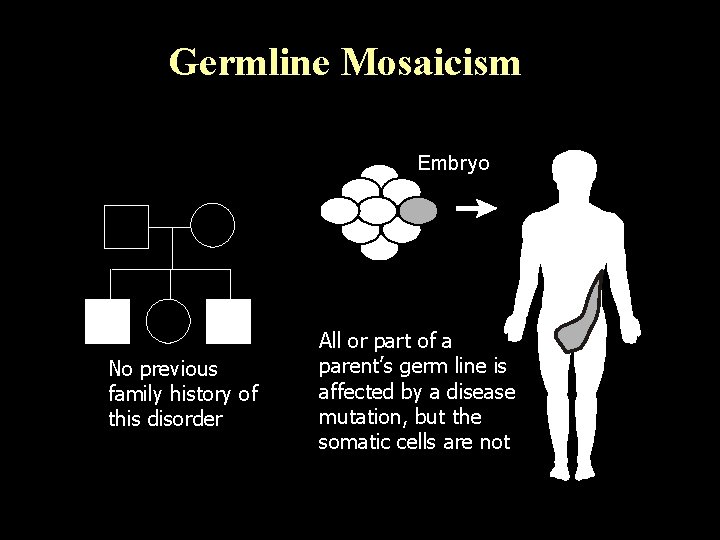 Germline Mosaicism Embryo No previous family history of this disorder All or part of