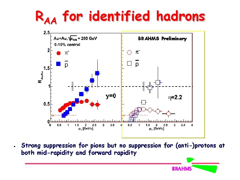 RAA for identified hadrons BRAHMS Preliminary ● Strong suppression for pions but no suppression