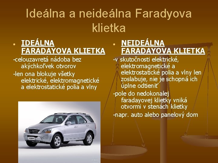 Ideálna a neideálna Faradyova klietka IDEÁLNA FARADAYOVA KLIETKA NEIDEÁLNA FARADAYOVA KLIETKA -celouzavretá nádoba bez