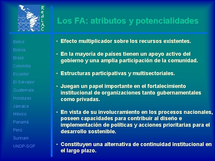 Los FA: atributos y potencialidades Belice Bolivia Brasil • Efecto multiplicador sobre los recursos