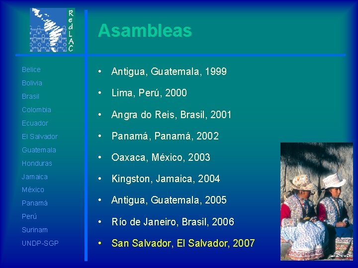 Asambleas Belice • Antigua, Guatemala, 1999 Bolivia Brasil Colombia Ecuador El Salvador Guatemala Honduras