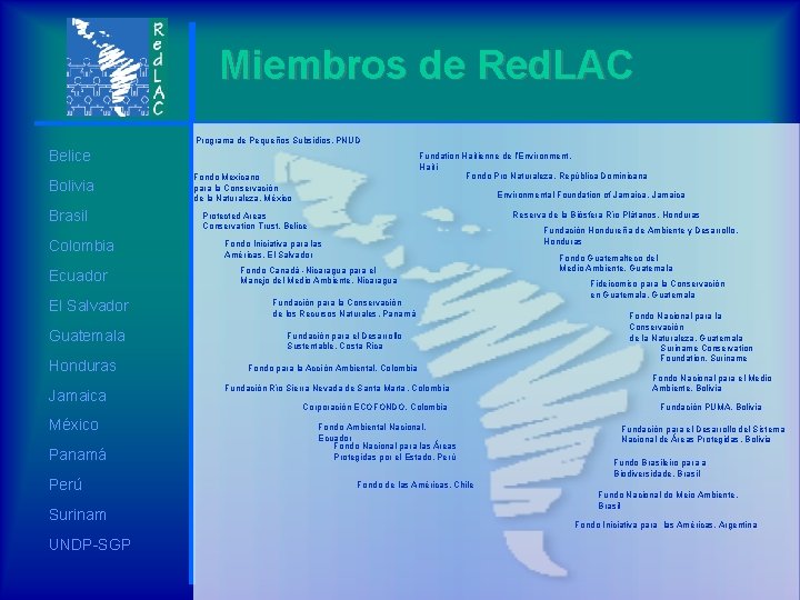 Miembros de Red. LAC Programa de Pequeños Subsidios, PNUD Belice Bolivia Brasil Colombia Ecuador