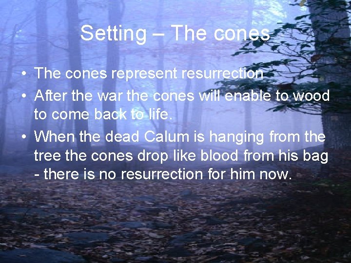Setting – The cones • The cones represent resurrection • After the war the