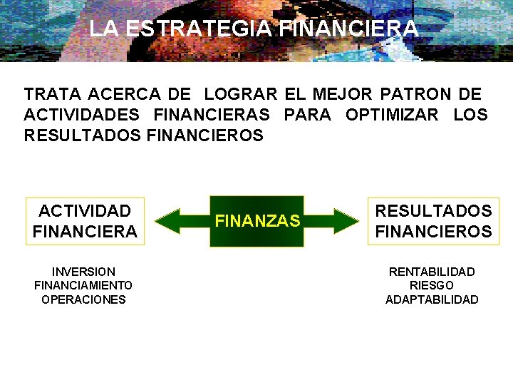 LA ESTRATEGIA FINANCIERA TRATA ACERCA DE LOGRAR EL MEJOR PATRON DE ACTIVIDADES FINANCIERAS PARA