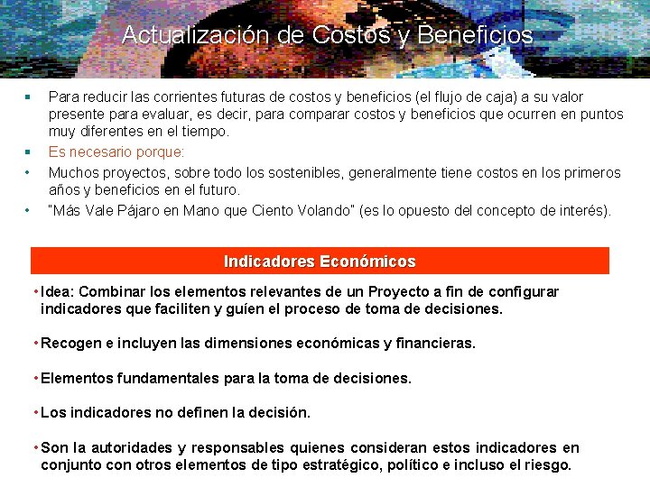 Actualización de Costos y Beneficios § § • • Para reducir las corrientes futuras