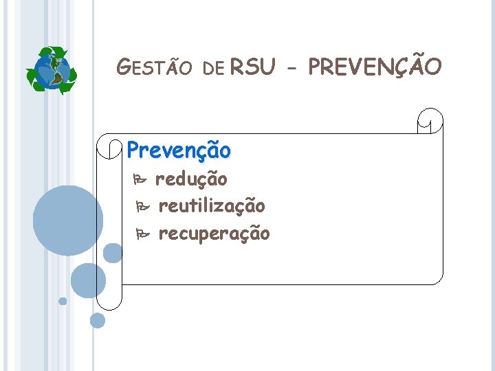 GESTÃO DE RSU - PREVENÇÃO Prevenção redução reutilização recuperação 