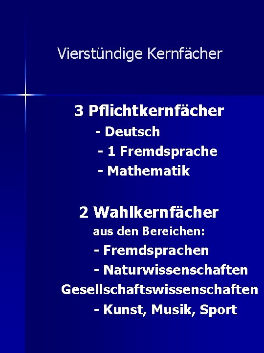 Vierstündige Kernfächer 3 Pflichtkernfächer - Deutsch - 1 Fremdsprache - Mathematik 2 Wahlkernfächer aus