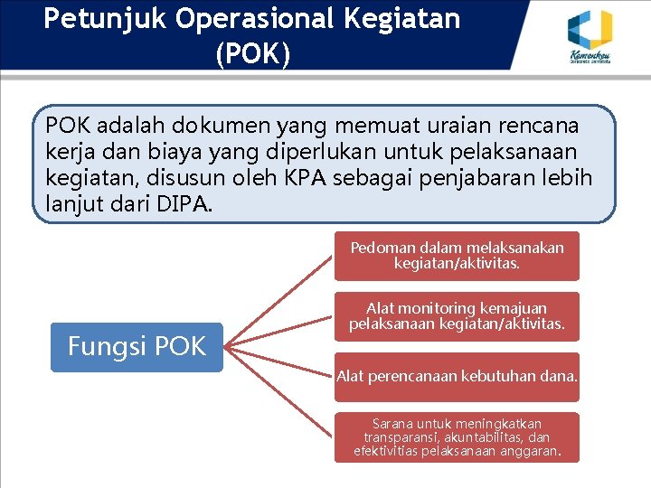 Petunjuk Operasional Kegiatan (POK) POK adalah dokumen yang memuat uraian rencana kerja dan biaya